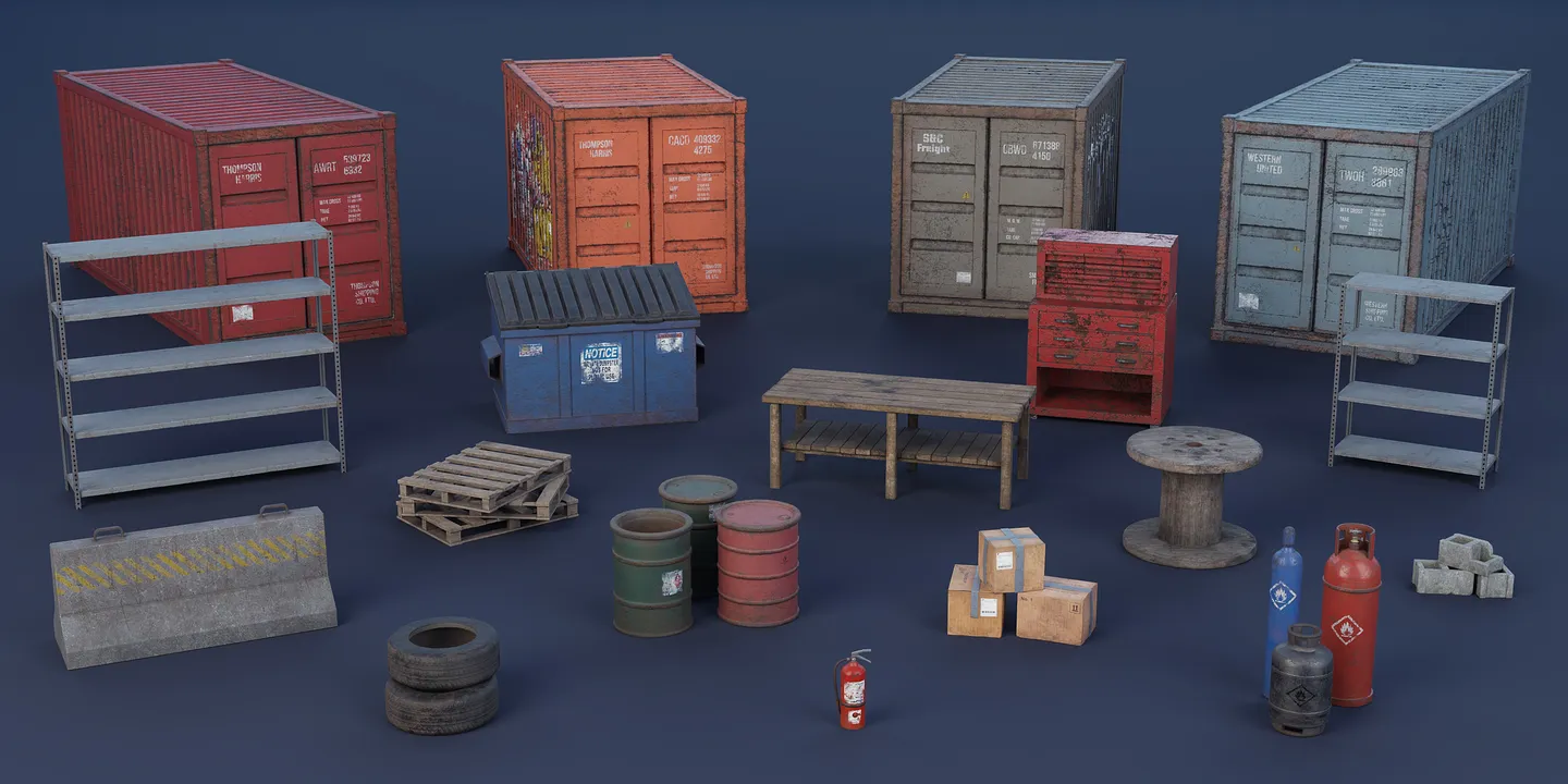 Complete set of 27 weathered warehouse props including shipping containers, shelving, drums, boxes, tools, tires, and barriers.