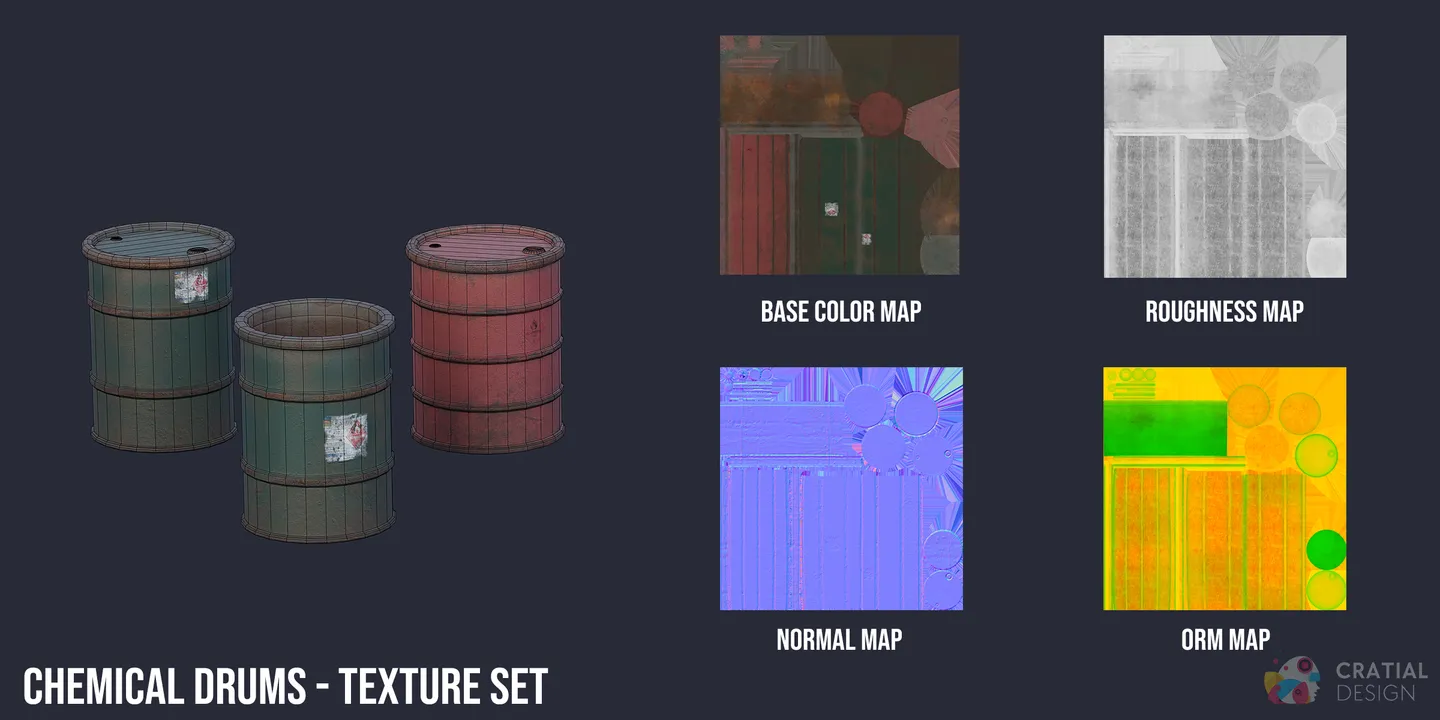 Chemical drum models shown beside base color, roughness, normal, and ORM texture maps.