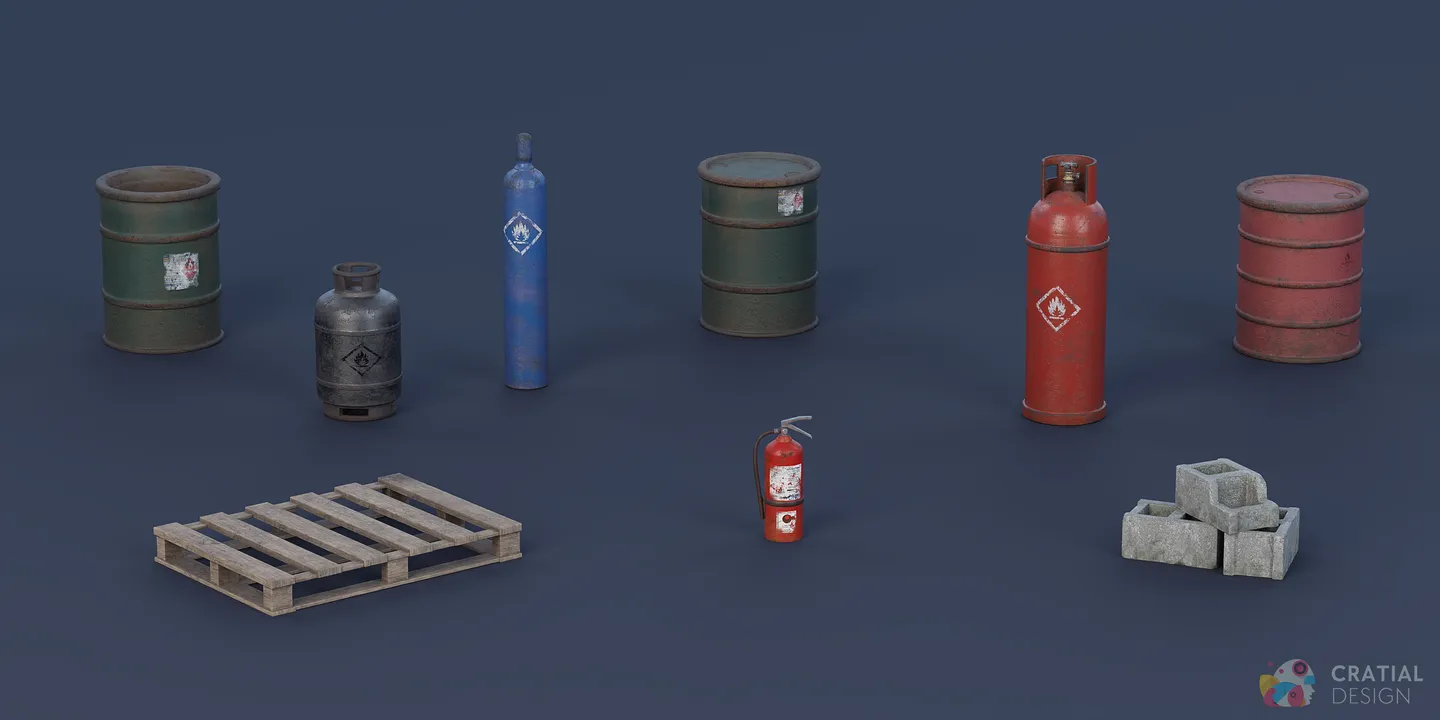 Chemical drums, compressed-gas tanks, a fire extinguisher, pallet, and cinderblocks.