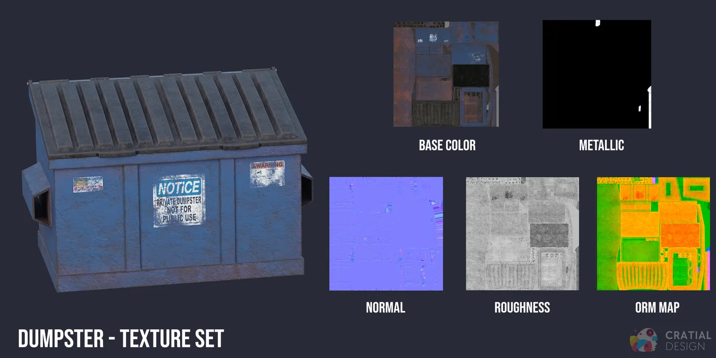Blue dumpster model shown beside base color, metallic, normal, roughness, and ORM texture maps.