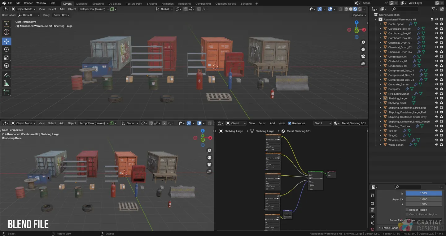 Blender interface showing the complete warehouse prop set, object list, and material nodes.