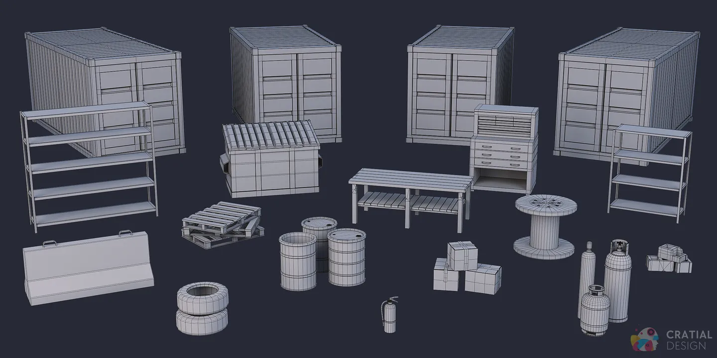 Wireframe overview of all 27 warehouse and factory prop models.