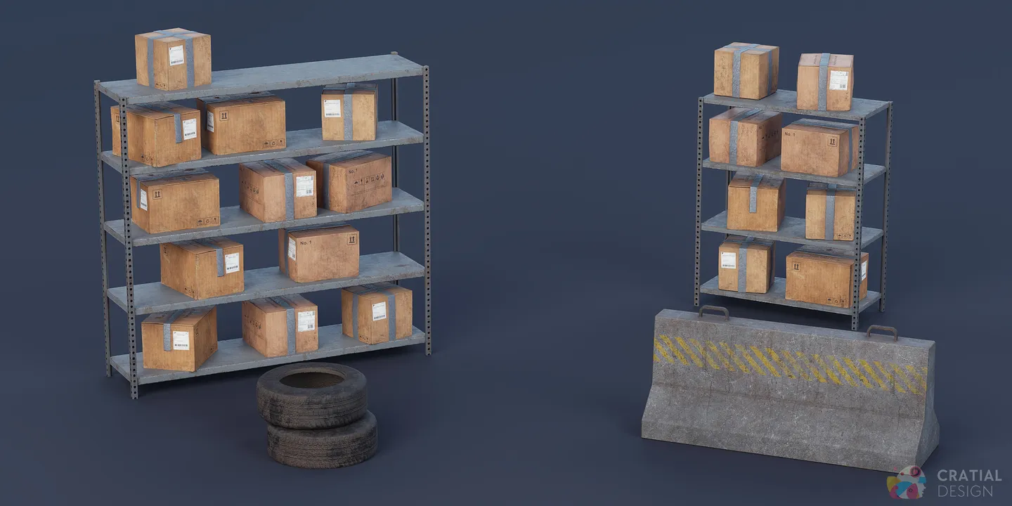 Large and small metal shelving filled with cardboard boxes beside tires and a concrete barrier.