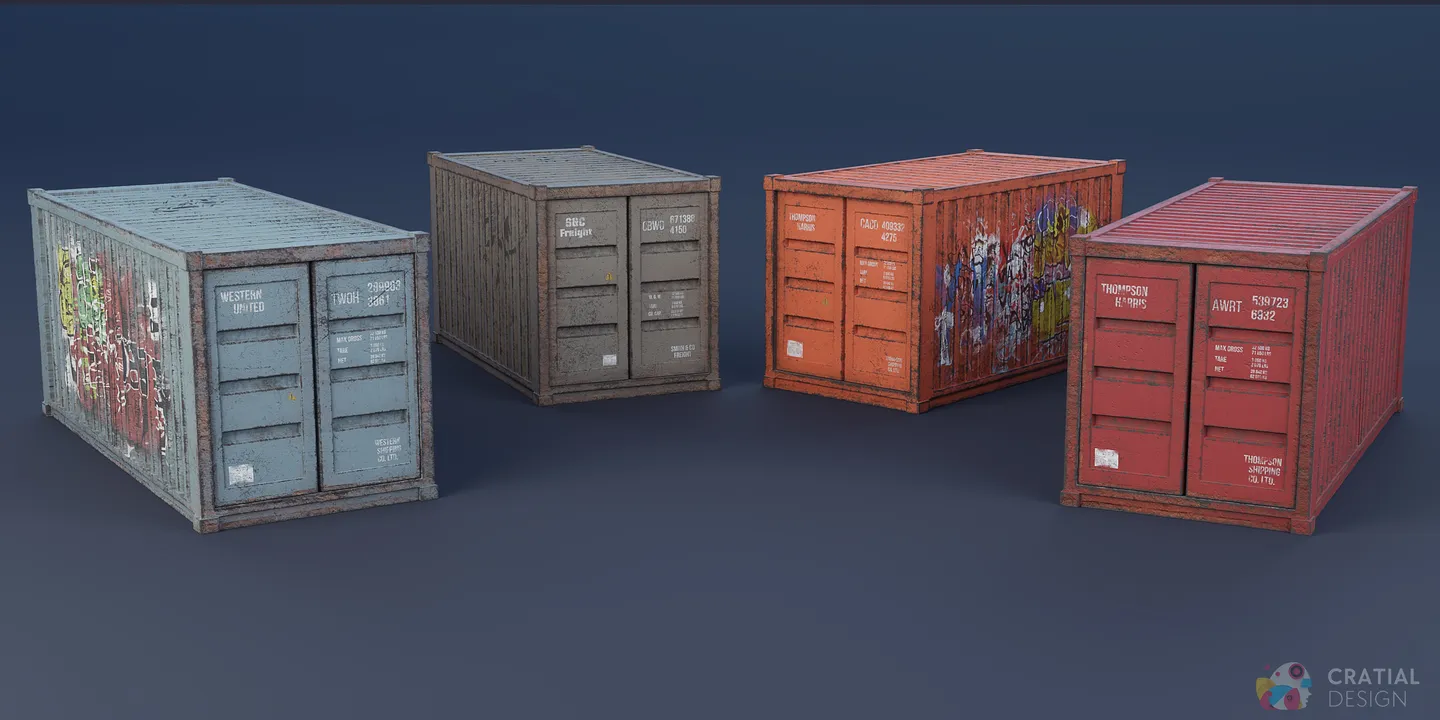 Four weathered shipping containers in blue, grey, orange, and red finishes.
