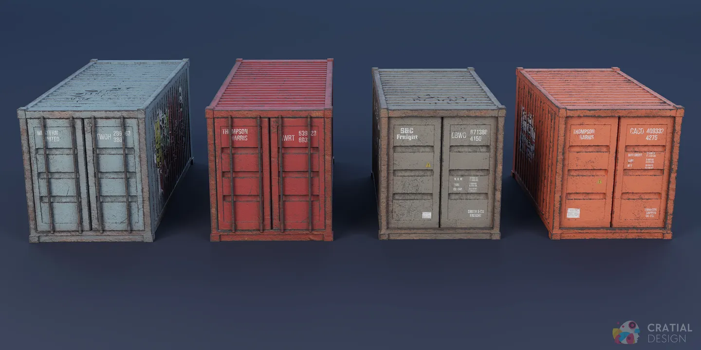 Rear and side views of four weathered shipping-container models.