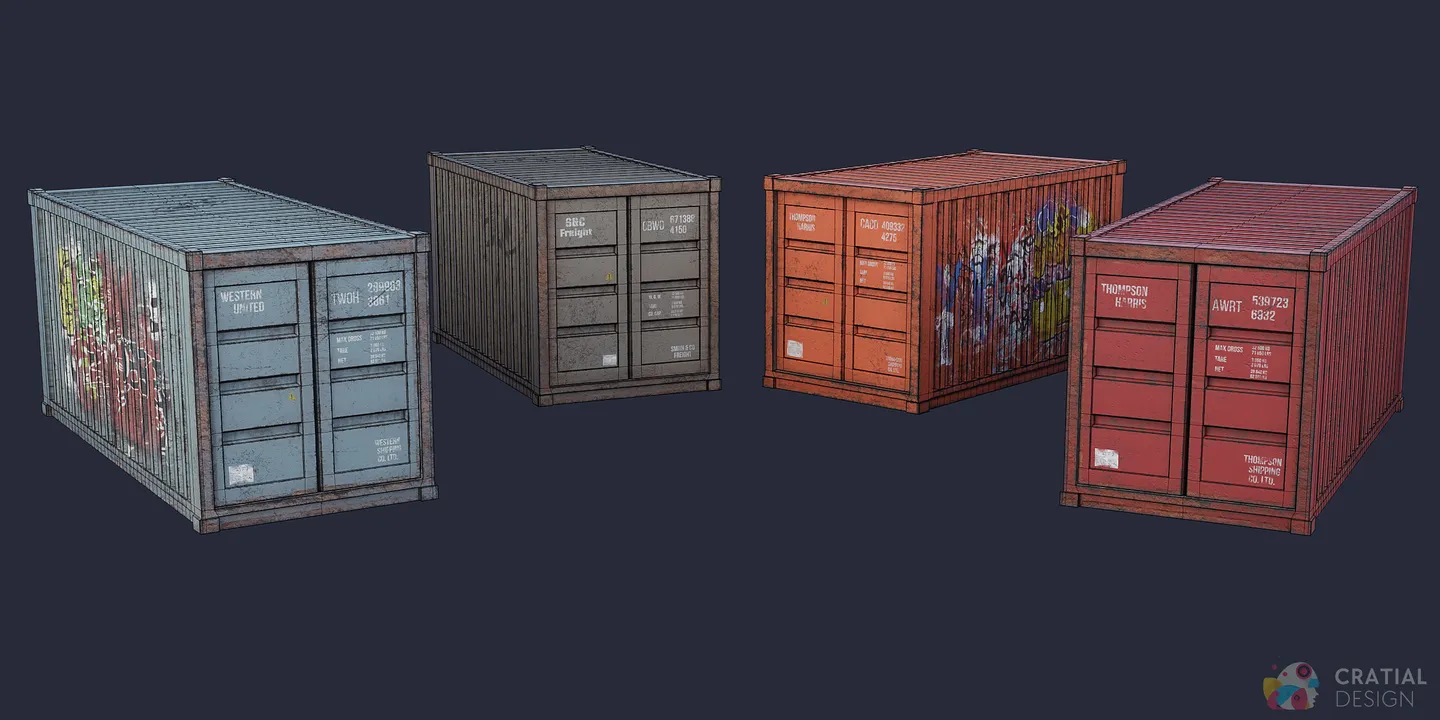 Wireframe views of the four shipping-container models.