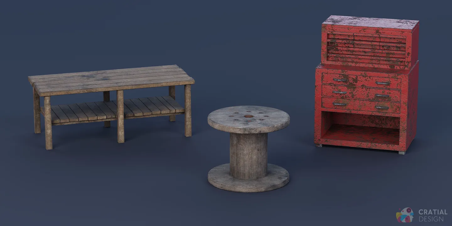Weathered wooden workbench, cable spool, and red standing toolbox.