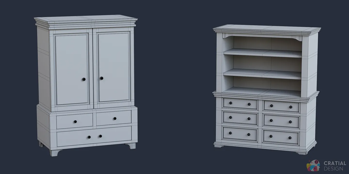 Antique armoire and display cabinet shown with wireframe topology.