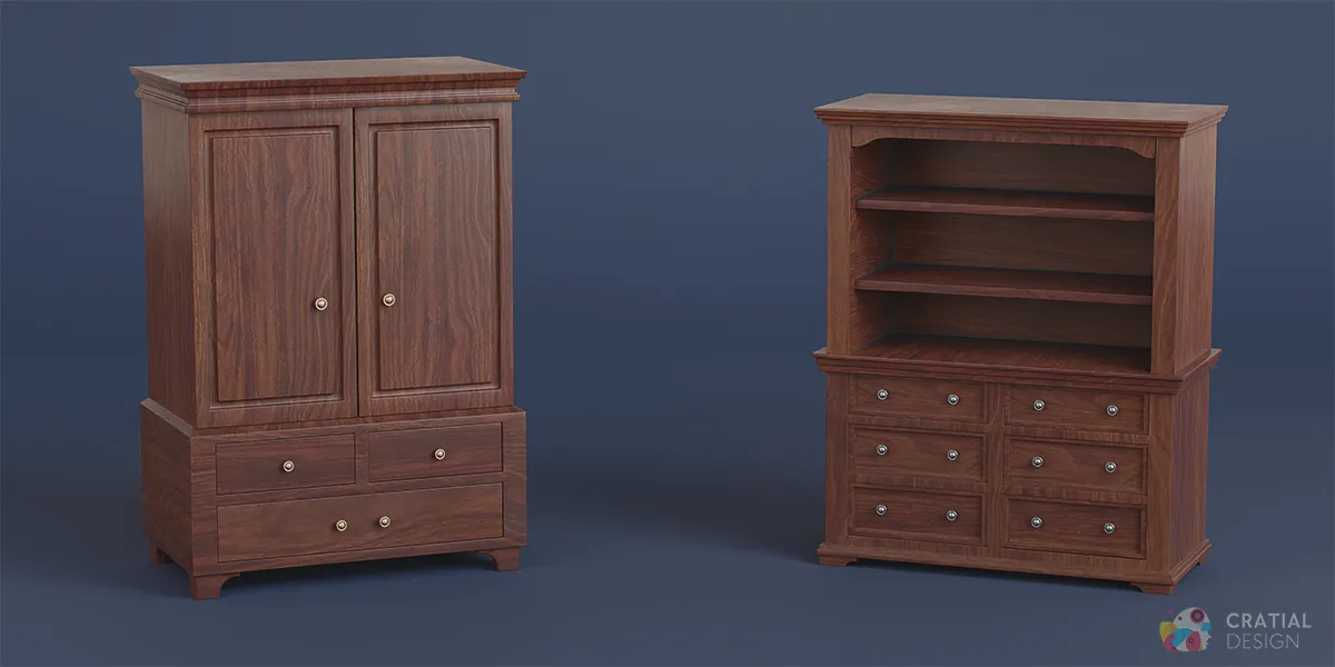 Wooden antique armoire and display cabinet shown together.