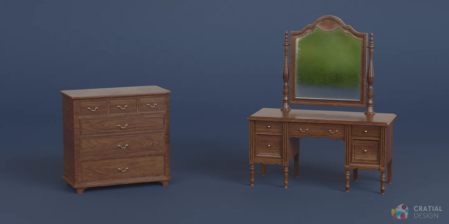 King bed, wardrobe, vanity, and drawer storage arranged as an antique bedroom set.