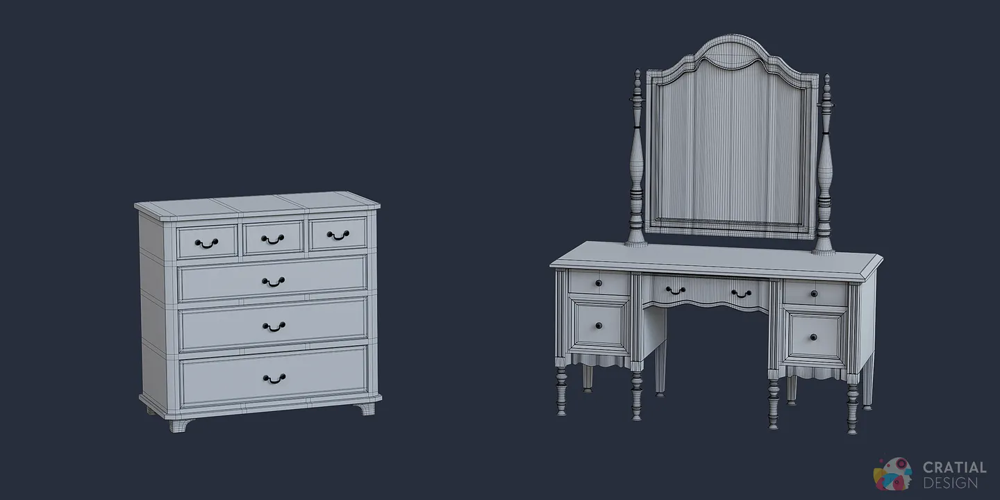 Antique bedroom furniture shown with wireframe topology.