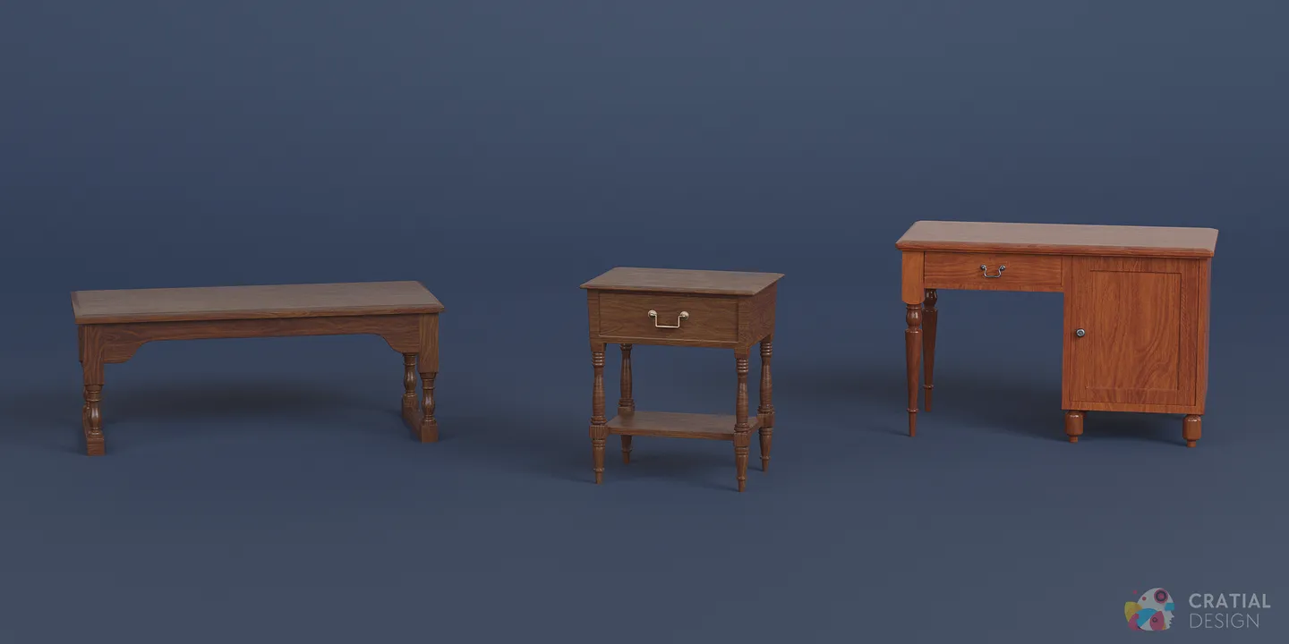 Antique desk and end-table models shown with wireframe topology.