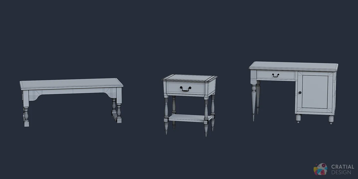 Antique writing desk, coffee table, and end table arranged together.