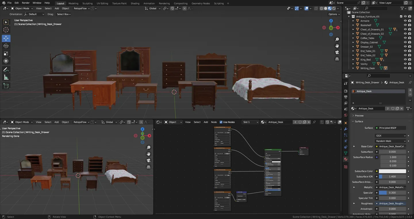 Blender interface showing the complete antique furniture collection.