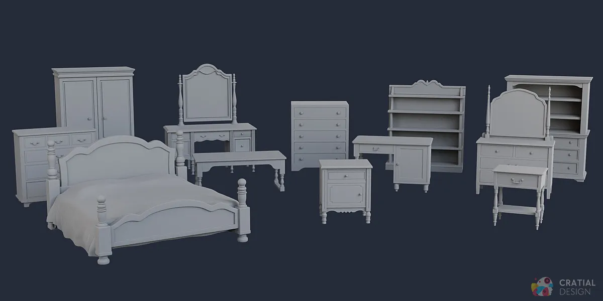Clay overview of all 12 antique furniture models in the pack.