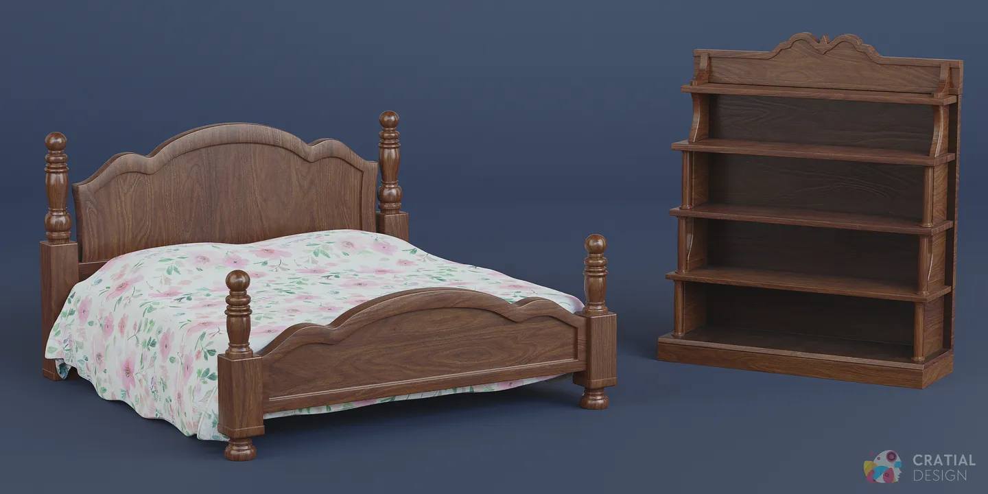Antique wooden king bed and matching bookshelf.