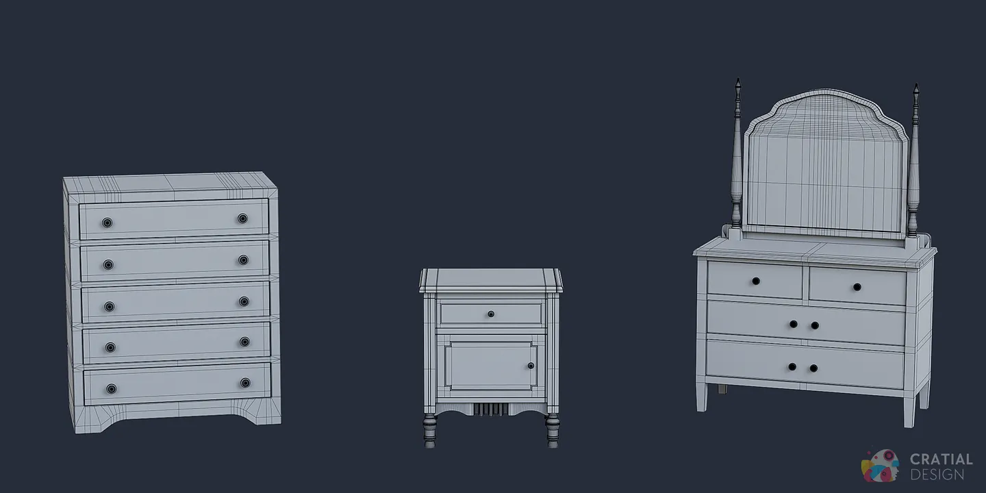 Antique vanities and chests of drawers shown with wireframe topology.
