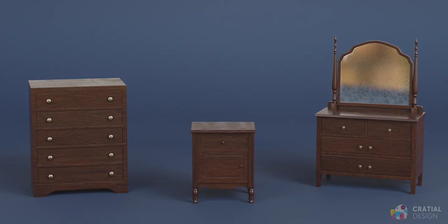 Antique vanities and chests of drawers with polished wood materials.