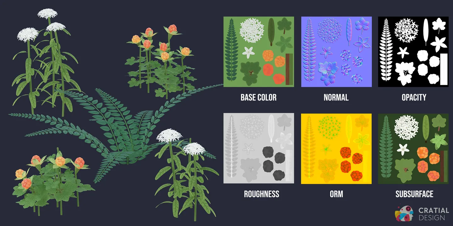 Arctic fern and berry plants shown beside labeled PBR texture maps.