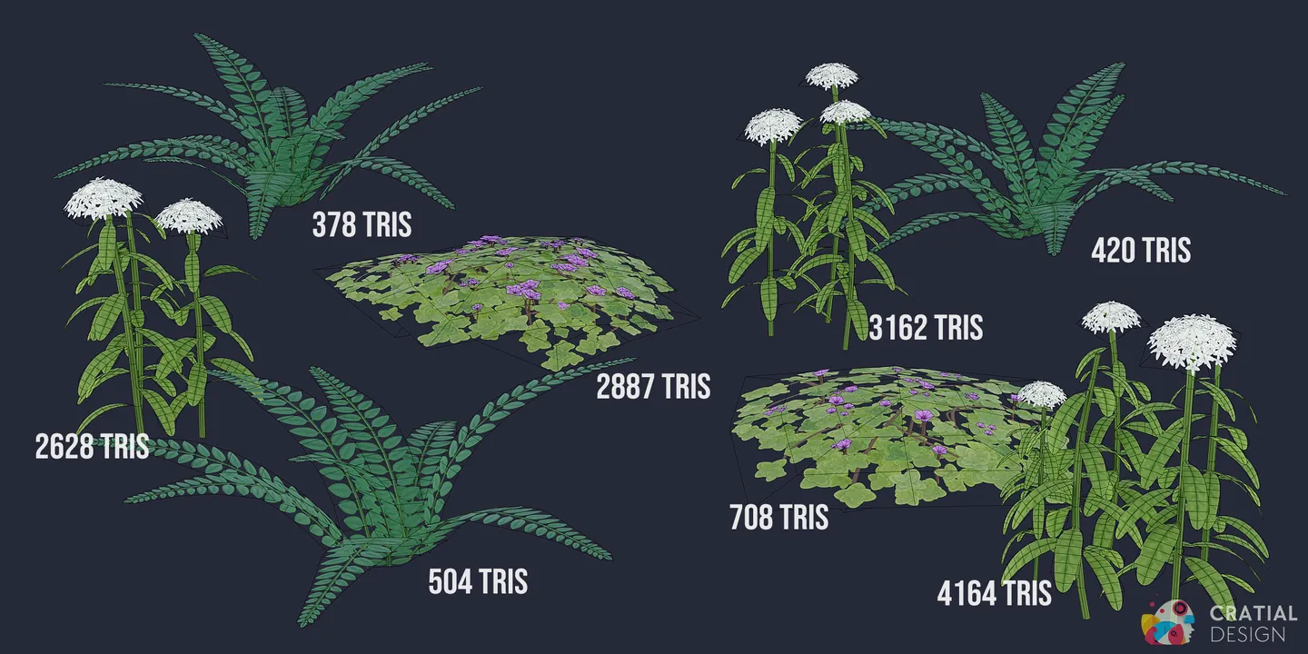 Arctic ferns and shrubs shown with wireframe topology overlays.