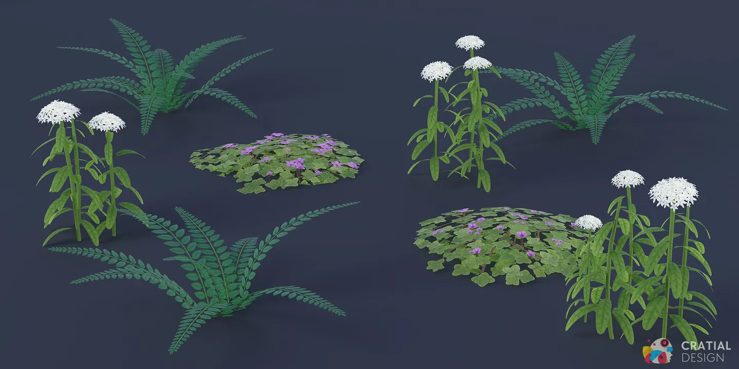 Stylized Arctic ferns, low shrubs, and berry plants arranged together.