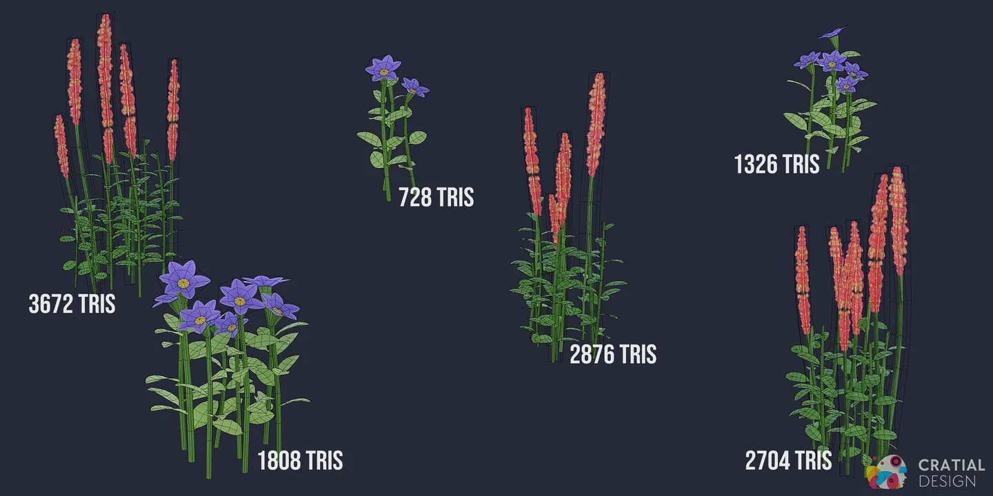Arctic flowering plants shown with wireframe topology overlays.