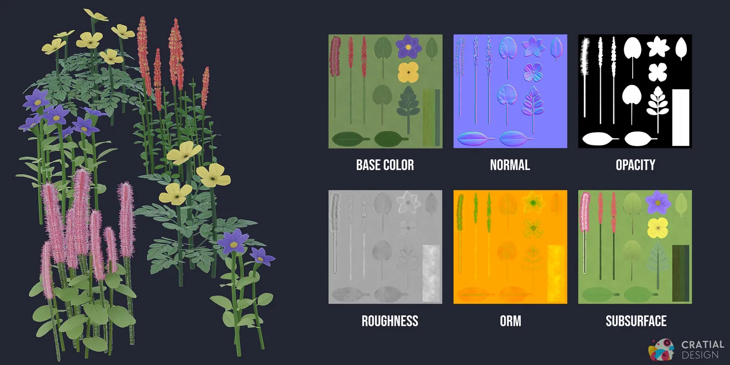 Arctic flower models shown beside labeled PBR texture maps.