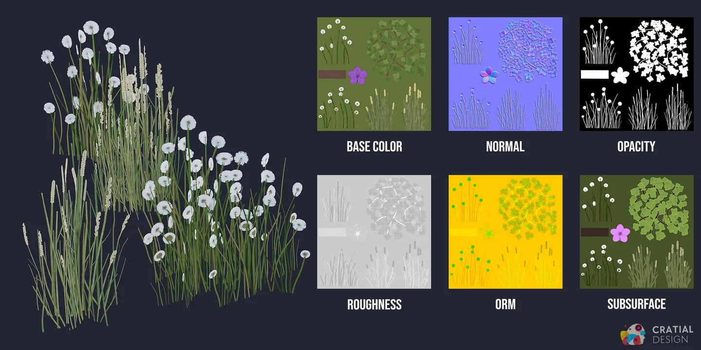 Tundra grass models shown beside labeled PBR texture maps.