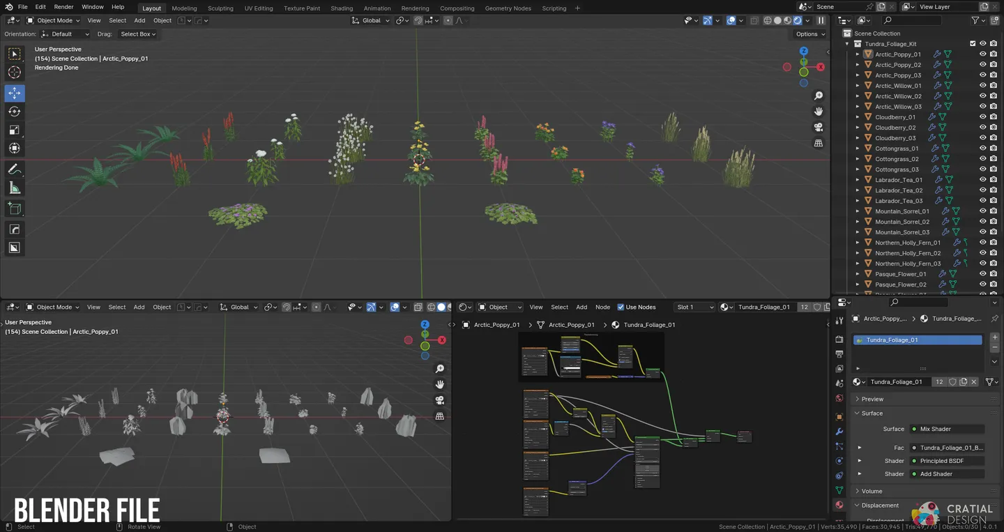 Blender interface showing the complete cold-climate foliage collection.
