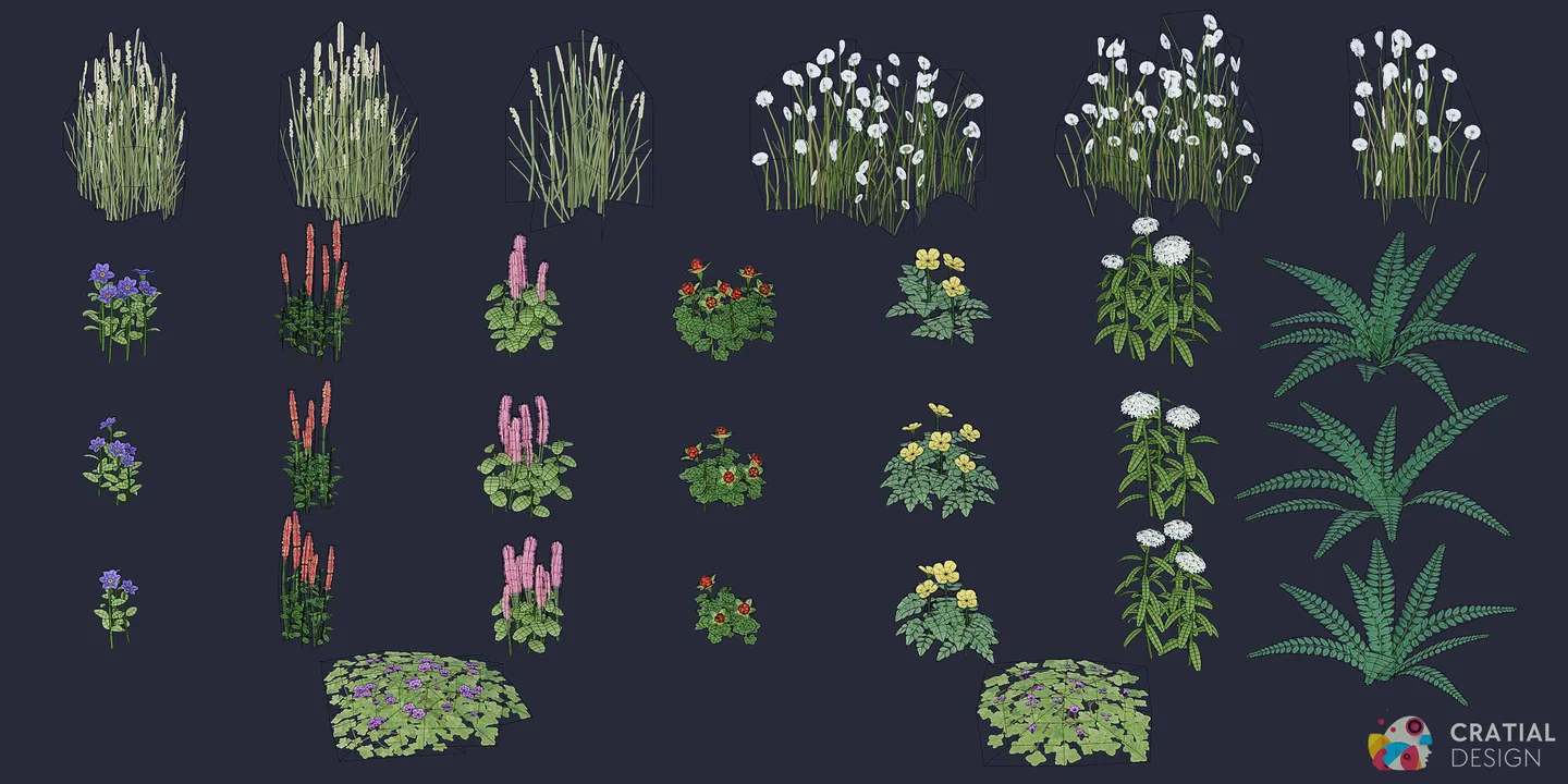 Complete Arctic tundra foliage collection shown with wireframe topology overlays.