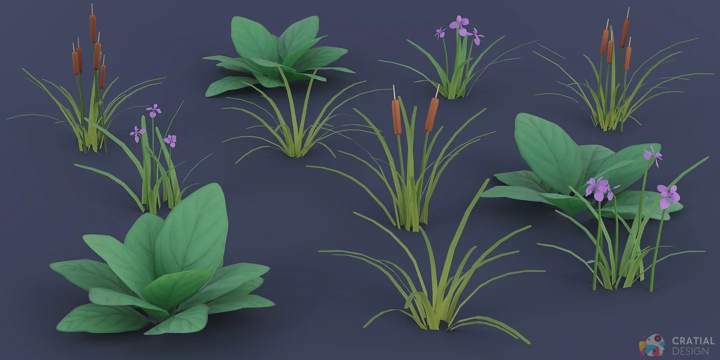 Blue flag flowers, cattails, and leafy wetland plant variations arranged together.