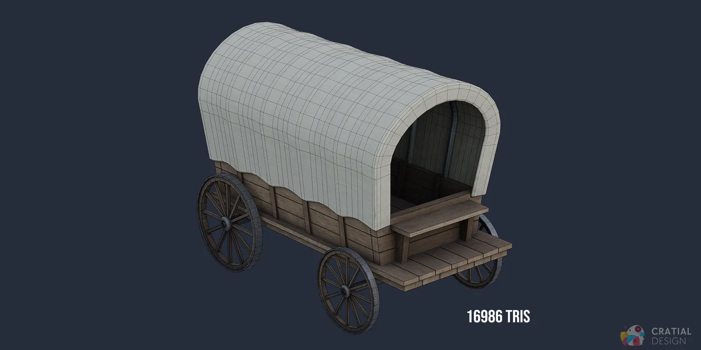 Covered wagon shown with wireframe topology.