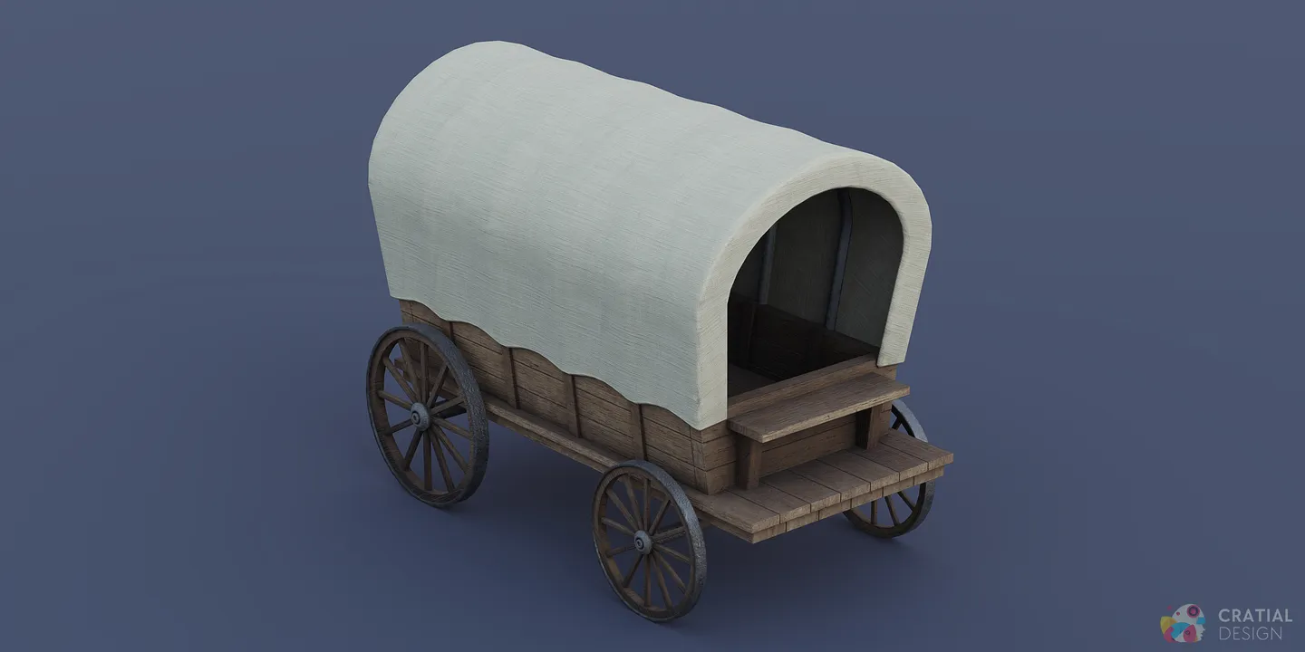 Stylized covered wagon with weathered wood, canvas cover, and four wooden wheels.