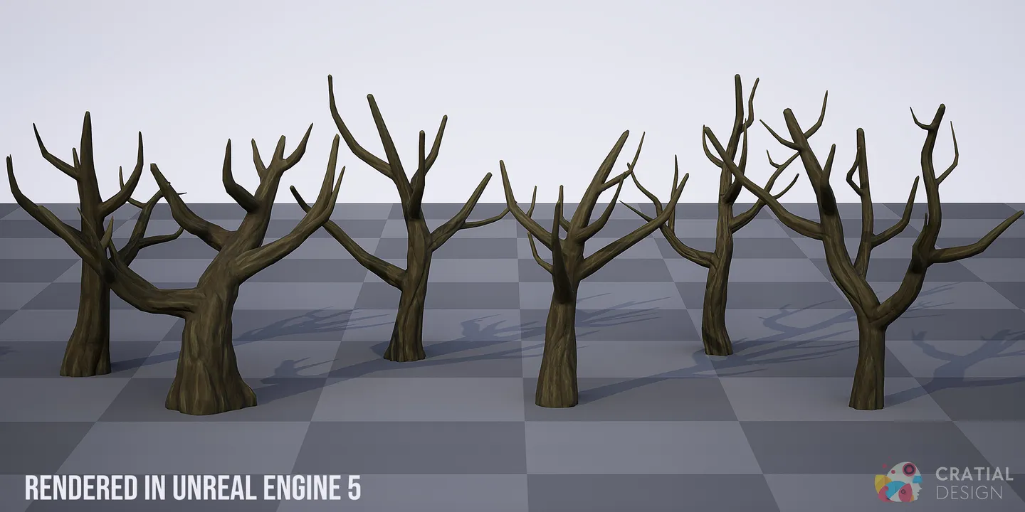 Stylized fluffy trees using a dark trunk material in Unreal Engine.