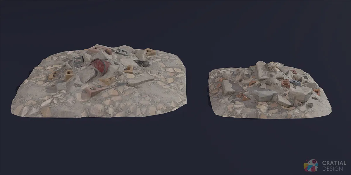 Two building-debris piles with a damaged barrel, broken concrete, bricks, and cinderblocks.