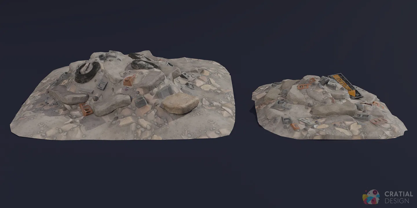 Two rubble piles containing concrete slabs, bricks, cinderblocks, tires, and road signs.