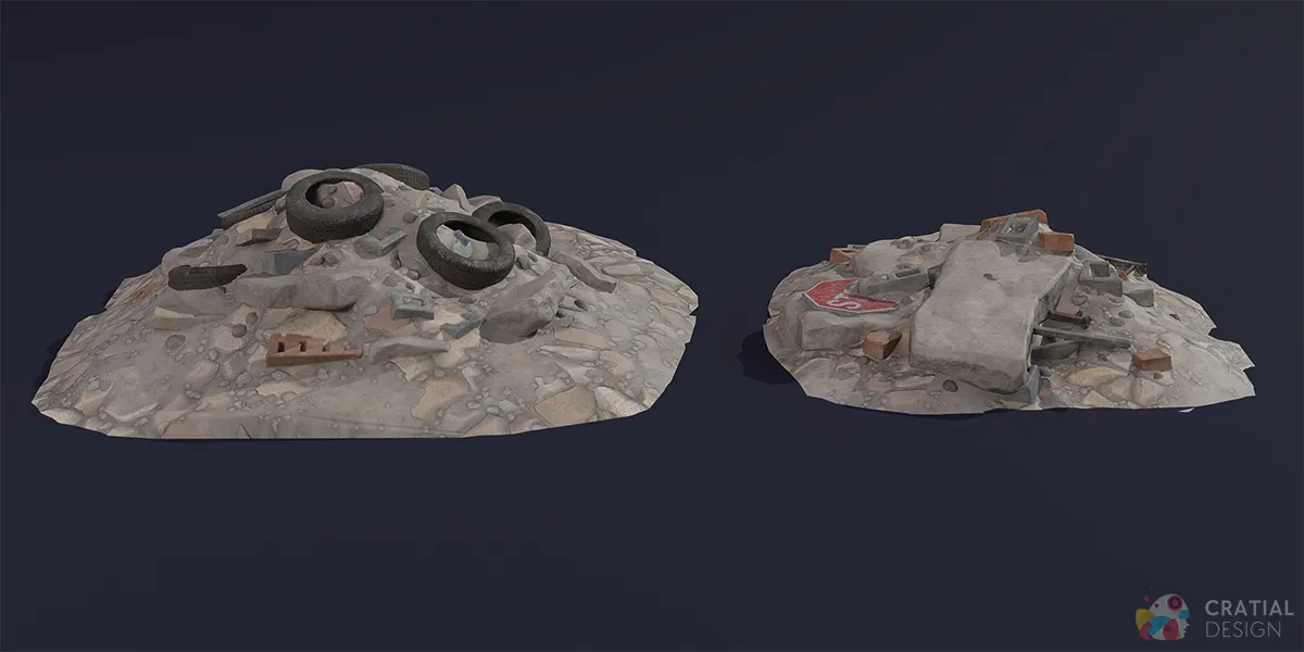 Two concrete rubble piles with embedded tires, bricks, cinderblocks, and damaged road signs.