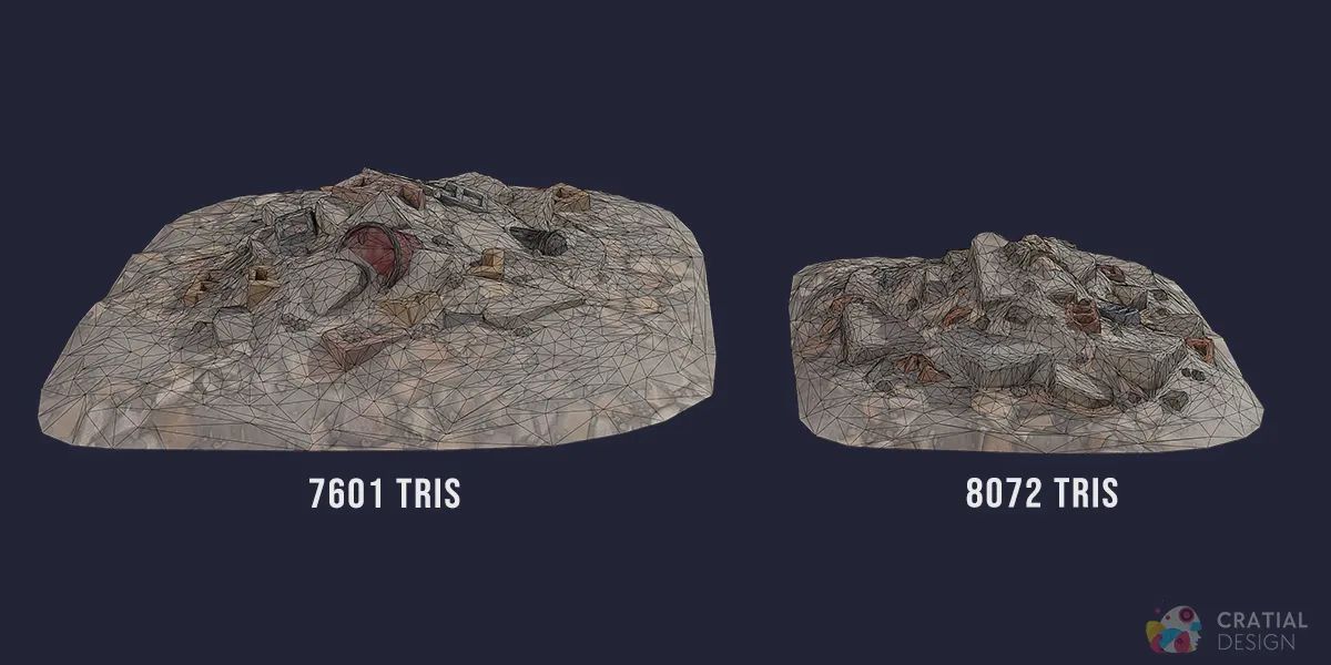 Two lower rubble piles with barrels and broken concrete shown with wireframe topology.