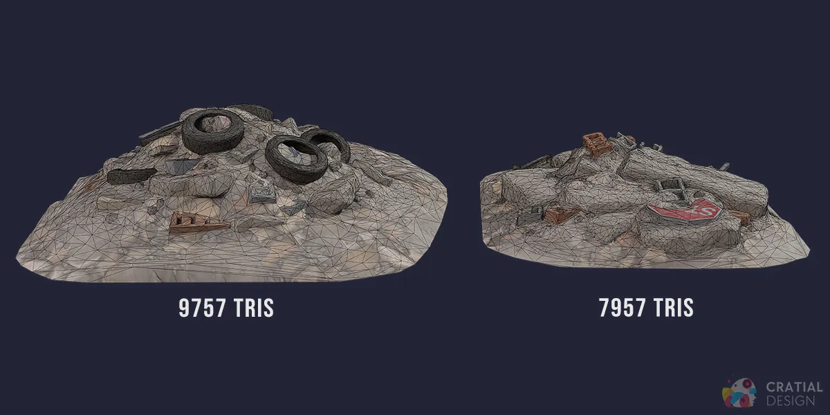 Two tire and road-sign rubble piles shown with wireframe topology.