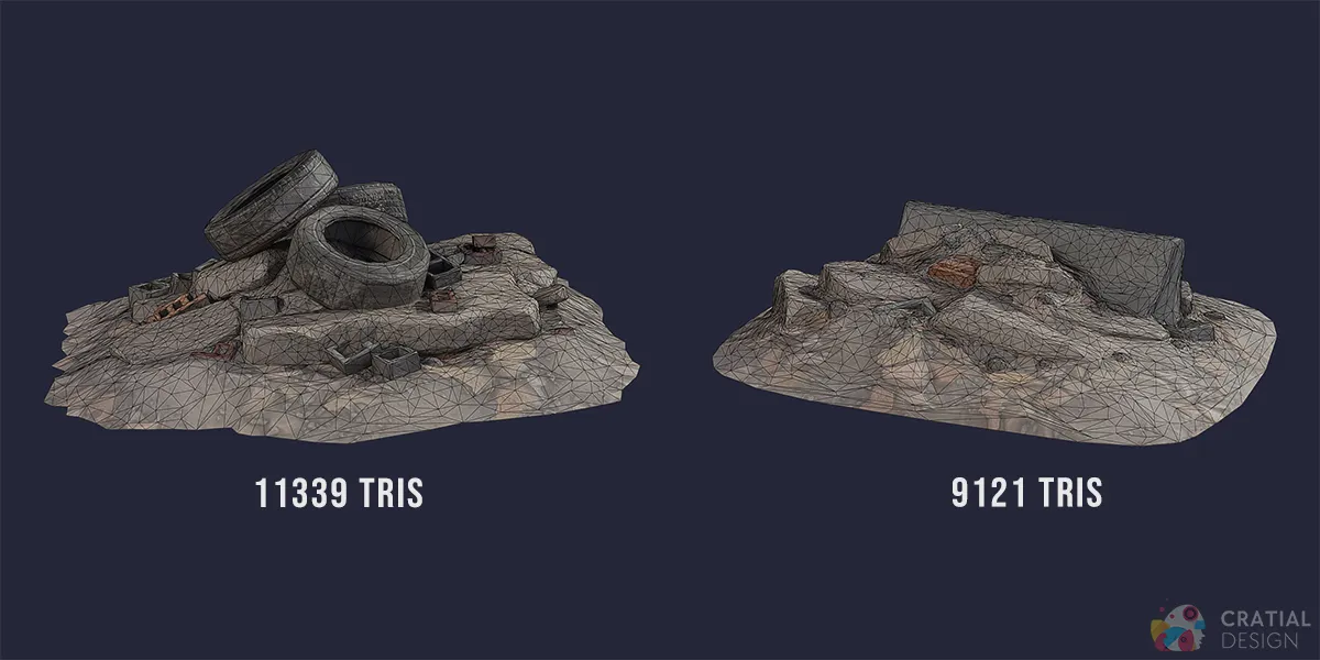 Two tire and concrete-barrier rubble piles shown with wireframe topology.