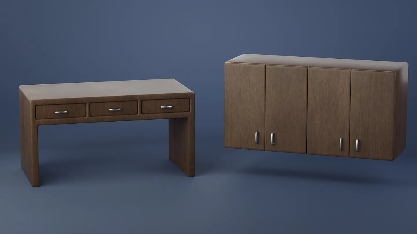 Wooden medical office desk and wall-mounted cupboard models.
