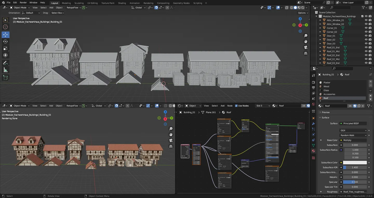 Blender interface showing the modular European buildings and component pieces.