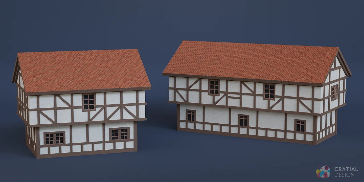 Additional rear views of half-timbered modular buildings.