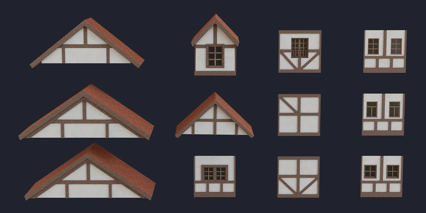 Red-tiled modular roof and gable pieces for European buildings.