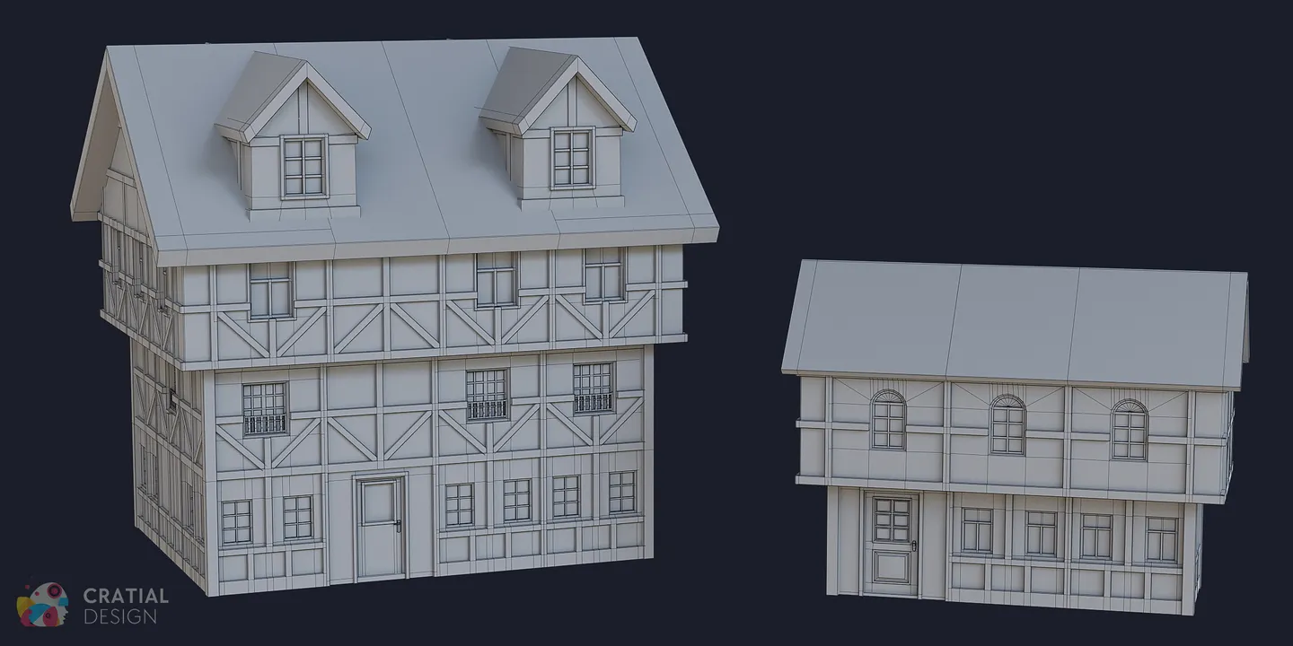 Half-timbered European buildings shown with wireframe topology.