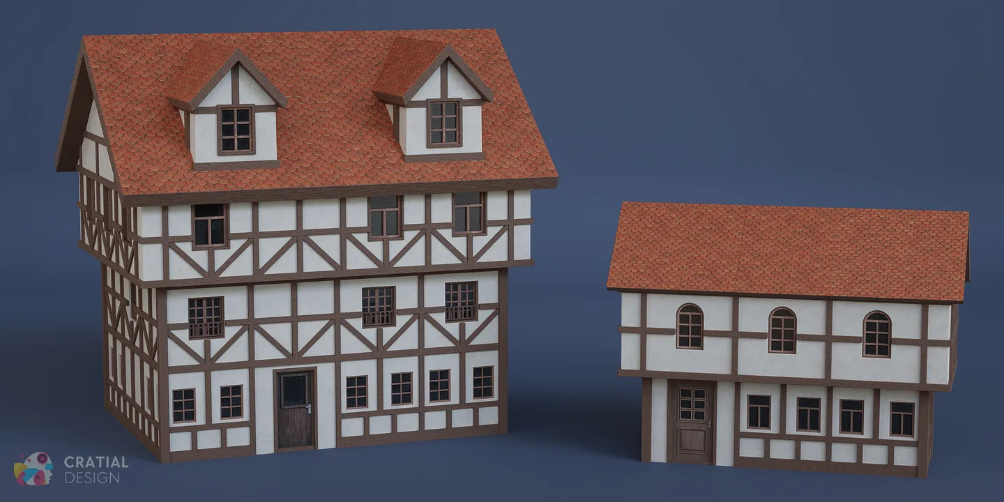 Several completed stylized half-timbered European building variations.