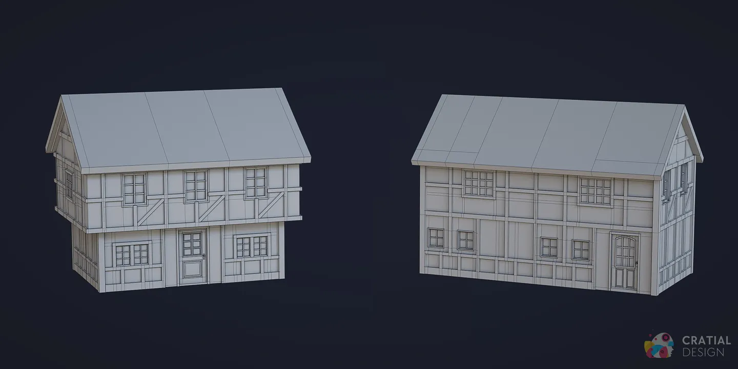 Stylized village buildings shown with wireframe topology.
