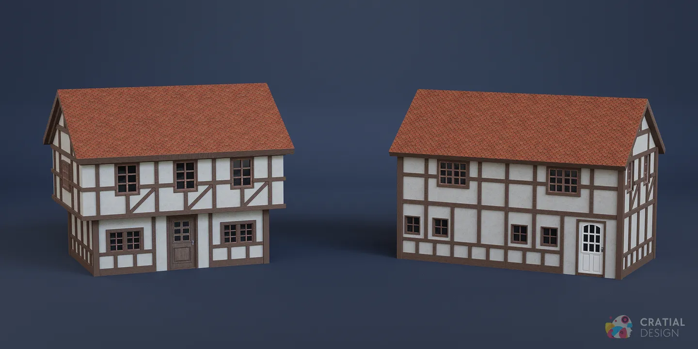 Stylized half-timbered village buildings with red tiled roofs.