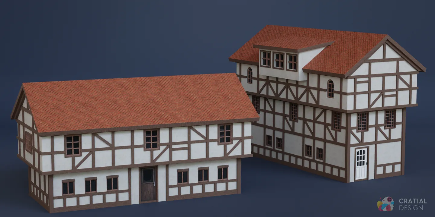 Additional stylized Central European houses assembled from the modular kit.