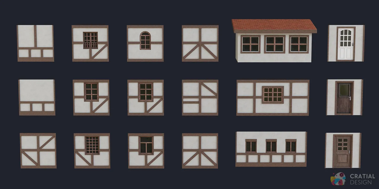 Half-timbered wall sections, windows, doors, and pillars from the modular building kit.